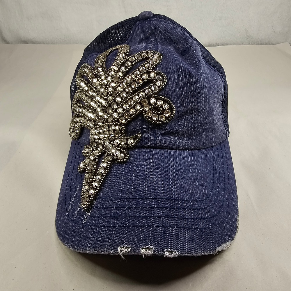 Sparkling Fleur de‎ Lis Distressed Denim Trucker Hat Blue Mesh Adjustable